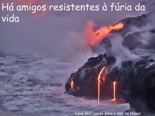 Lava deslizando para o mar no Hawai Há amigos resistentes à fúria da vida 