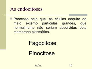 As endocitoses 
 Processo pelo qual as células adquire do 
meio externo partículas grandes, que 
normalmente não seriam absorvidas pela 
membrana plasmática. 
Fagocitose 
Pinocitose 
xx/xx 10 
 