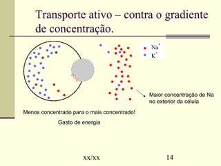 Transporte ativo – contra o gradiente 
de concentração. 
Menos concentrado para o mais concentrado! 
Gasto de energia 
Maior concentração de Na 
no exterior da célula 
xx/xx 14 
 