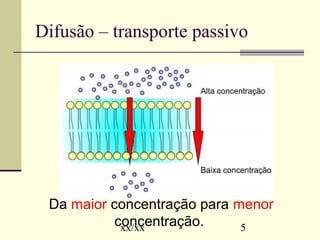 Difusão – transporte passivo 
Da maior concentração para menor 
concentração. 
xx/xx 5 
 