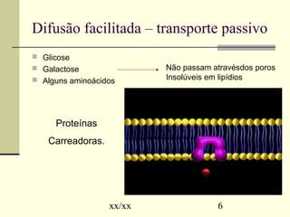 Difusão facilitada – transporte passivo 
 Glicose 
 Galactose 
 Alguns aminoácidos 
Não passam atravésdos poros 
Insolúveis em lipídios 
xx/xx 6 
Proteínas 
Carreadoras. 
 
