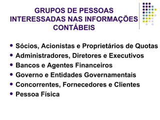 GRUPOS DE PESSOAS INTERESSADAS NAS INFORMAÇÕES CONTÁBEIS Sócios, Acionistas e Proprietários de Quotas Administradores, Diretores e Executivos Bancos e Agentes Financeiros Governo e Entidades Governamentais Concorrentes, Fornecedores e Clientes Pessoa Física 