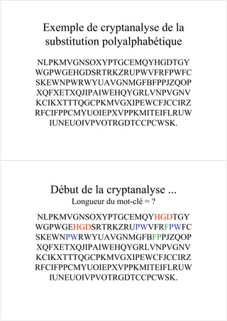 Exemple de cryptanalyse de la
substitution polyalphabétique
NLPKMVGNSOXYPTGCEMQYHGDTGY
WGPWGEHGDSRTRKZRUPWVFRFPWFC
SKEWNPWRWYUAVGNMGFBFPPJZQOP
XQFXETXQJIPAIWEHQYGRLVNPVGNV
KCIKXTTTQGCPKMVGXIPEWCFJCCIRZ
RFCIFPPCMYUOIEPXVPPKMITEIFLRUW
IUNEUOIVPVOTRGDTCCPCWSK.
Début de la cryptanalyse ...
Longueur du mot-clé = ?
NLPKMVGNSOXYPTGCEMQYHGDTGY
WGPWGEHGDSRTRKZRUPWVFRFPWFC
SKEWNPWRWYUAVGNMGFBFPPJZQOP
XQFXETXQJIPAIWEHQYGRLVNPVGNV
KCIKXTTTQGCPKMVGXIPEWCFJCCIRZ
RFCIFPPCMYUOIEPXVPPKMITEIFLRUW
IUNEUOIVPVOTRGDTCCPCWSK.
 
