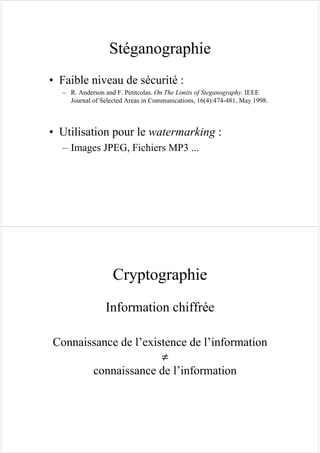 Stéganographie
• Faible niveau de sécurité :
– R. Anderson and F. Petitcolas. On The Limits of Steganography. IEEE
Journal of Selected Areas in Communications, 16(4):474-481, May 1998.
• Utilisation pour le watermarking :
– Images JPEG, Fichiers MP3 ...
Cryptographie
Information chiffrée
Connaissance de l’existence de l’information
≠
connaissance de l’information
 