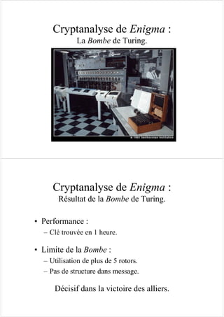 Cryptanalyse de Enigma :
La Bombe de Turing.
Cryptanalyse de Enigma :
Résultat de la Bombe de Turing.
• Performance :
– Clé trouvée en 1 heure.
• Limite de la Bombe :
– Utilisation de plus de 5 rotors.
– Pas de structure dans message.
Décisif dans la victoire des alliers.
 