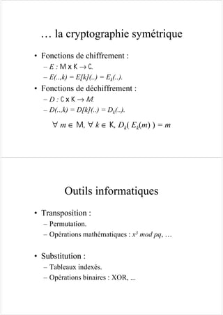 … la cryptographie symétrique
• Fonctions de chiffrement :
– E : M x K → C.
– E(..,k) = E[k](..) = Ek(..).
• Fonctions de déchiffrement :
– D : C x K → M.
– D(..,k) = D[k](..) = Dk(..).
∀ m ∈ M, ∀ k ∈ K, Dk( Ek(m) ) = m
Outils informatiques
• Transposition :
– Permutation.
– Opérations mathématiques : x3 mod pq, …
• Substitution :
– Tableaux indexés.
– Opérations binaires : XOR, ...
 