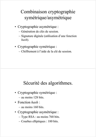 Combinaison cryptographie
symétrique/asymétrique
• Cryptographie asymétrique :
– Génération de clés de session.
– Signature digitale (utilisation d’une fonction
hash).
• Cryptographie symétrique :
– Chiffrement à l’aide de la clé de session.
Sécurité des algorithmes.
• Cryptographie symétrique :
– au moins 128 bits.
• Fonction hash :
– au moins 160 bits.
• Cryptographie asymétrique :
– Type RSA : au moins 768 bits.
– Courbes elliptiques : 180 bits.
 