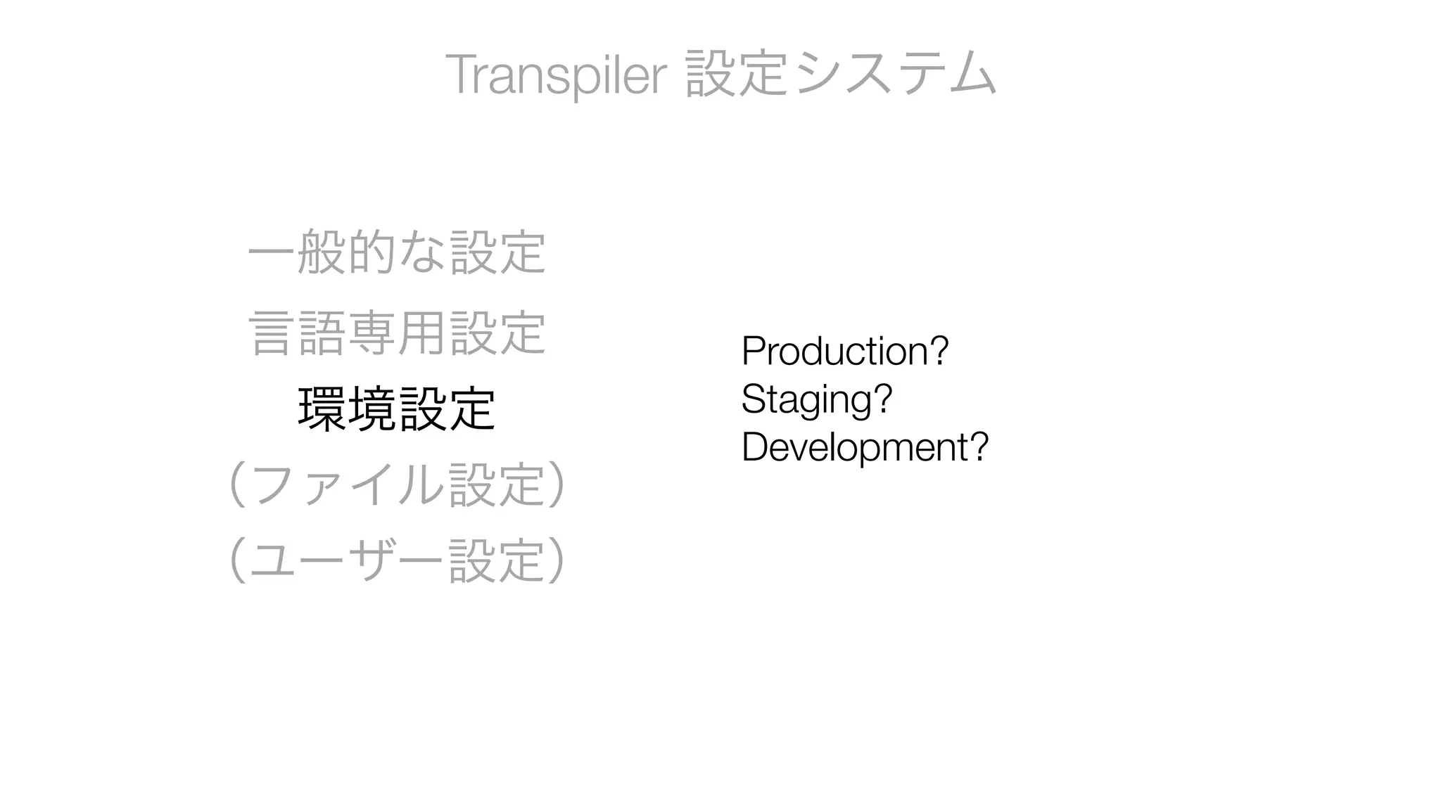 Transpiler 設定システム
一般的な設定
言語専用設定
環境設定
（ファイル設定）
（ユーザー設定）
Production?
Staging?
Development?
 