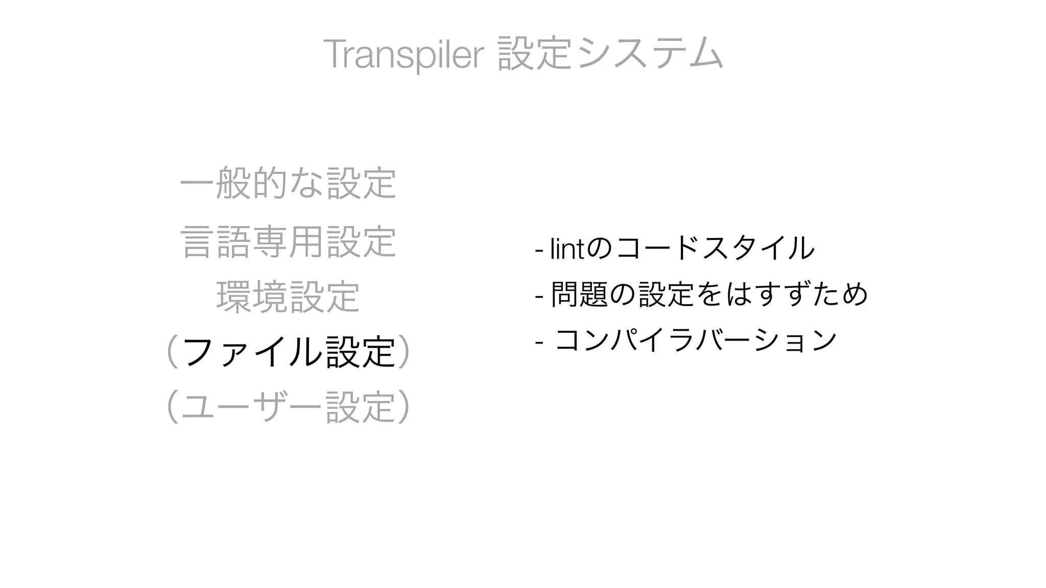 Transpiler 設定システム
一般的な設定
言語専用設定
環境設定
（ファイル設定）
（ユーザー設定）
- lintのコードスタイル
- 問題の設定をはすずため
- コンパイラバーション
 