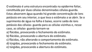 O	
  estômato	
  é	
  uma	
  estrutura	
  encontrada	
  na	
  epiderme	
  foliar,	
  
consPtuída	
  por	
  duas	
  células	
  denominadas	
  células-­‐guarda.	
  
Estas	
  absorvem	
  água	
  quando	
  há	
  grande	
  concentração	
  de	
  íons	
  
potássio	
  em	
  seu	
  interior,	
  o	
  que	
  leva	
  o	
  estômato	
  a	
  se	
  abrir.	
  Se	
  o	
  
suprimento	
  de	
  água	
  na	
  folha	
  é	
  baixo,	
  ocorre	
  saída	
  de	
  íons	
  
potássio	
  das	
  células-­‐	
  guarda	
  para	
  as	
  células	
  vizinhas	
  e,	
  nesse	
  
caso,	
  as	
  células-­‐	
  guarda	
  tornam-­‐se	
  
a)	
  ﬂácidas,	
  provocando	
  o	
  fechamento	
  do	
  estômato.	
  
b)	
  ﬂácidas,	
  provocando	
  a	
  abertura	
  do	
  estômato.	
  
c)	
  ﬂácidas,	
  não	
  alterando	
  o	
  comportamento	
  do	
  estômato.	
  	
  
d)	
  túrgidas,	
  provocando	
  o	
  fechamento	
  do	
  estômato.	
  
e)	
  túrgidas,	
  provocando	
  a	
  abertura	
  do	
  estômato.	
  
 