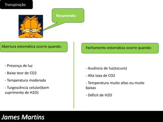 Transpiração
Abertura estomática ocorre quando:
- Presença de luz
- Baixo teor de CO2
- Temperatura moderada
- Turgescência celular(bom
suprimento de H2O)
Fechamento estomática ocorre quando:
- Ausência de luz(escuro)
- Alta taxa de CO2
- Temperatura muito altas ou muito
baixas
- Déficit de H2O
Resumindo:
James Martins
 