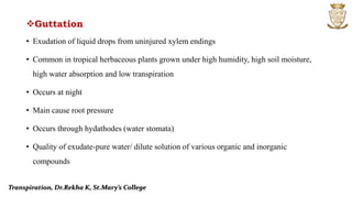 Guttation
• Exudation of liquid drops from uninjured xylem endings
• Common in tropical herbaceous plants grown under high humidity, high soil moisture,
high water absorption and low transpiration
• Occurs at night
• Main cause root pressure
• Occurs through hydathodes (water stomata)
• Quality of exudate-pure water/ dilute solution of various organic and inorganic
compounds
Transpiration, Dr.Rekha K, St.Mary’s College
 