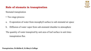 Role of stomata in transpiration
Stomatal transpiration
• Two stage process:
a. Evaporation of water from mesophyll surface to sub-stomatal air space
b. Diffusion of water vapor from sub-stomatal chamber to atmosphere
The quantity of water transpired by unit area of leaf surface in unit time-
transpiration flux
Transpiration, Dr.Rekha K, St.Mary’s College
 