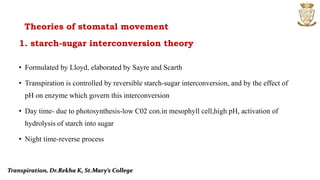 Theories of stomatal movement
1. starch-sugar interconversion theory
• Formulated by Lloyd, elaborated by Sayre and Scarth
• Transpiration is controlled by reversible starch-sugar interconversion, and by the effect of
pH on enzyme which govern this interconversion
• Day time- due to photosynthesis-low C02 con.in mesophyll cell,high pH, activation of
hydrolysis of starch into sugar
• Night time-reverse process
Transpiration, Dr.Rekha K, St.Mary’s College
 