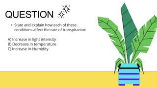 QUESTION
• State and explain how each of these
conditions affect the rate of transpiration:
A) Increase in light intensity
B) Decrease in temperature
C) Increase in Humidity
 