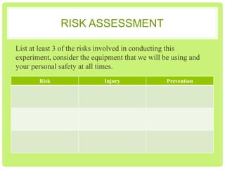 RISK ASSESSMENT
List at least 3 of the risks involved in conducting this
experiment, consider the equipment that we will be using and
your personal safety at all times.
Risk

Injury

Prevention

 