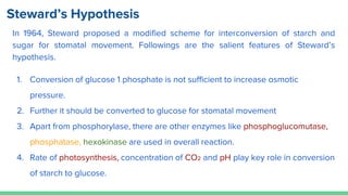 Steward’s Hypothesis
In 1964, Steward proposed a modified scheme for interconversion of starch and
sugar for stomatal movement. Followings are the salient features of Steward’s
hypothesis.
1. Conversion of glucose 1 phosphate is not sufficient to increase osmotic
pressure.
2. Further it should be converted to glucose for stomatal movement
3. Apart from phosphorylase, there are other enzymes like phosphoglucomutase,
phosphatase, hexokinase are used in overall reaction.
4. Rate of photosynthesis, concentration of CO2 and pH play key role in conversion
of starch to glucose.
 