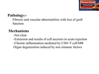 Mechanisms
-Not clear
-Extension and results of cell necrosis in acute rejection
-Chronic inflammation mediated by CD4+T cell/MΦ
Organ degeneration induced by non immune factors
Pathology:-
Fibrosis and vascular abnormalities with loss of graft
function
 