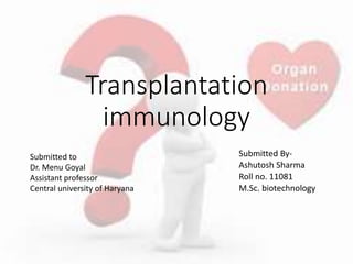 Transplantation
immunology
Submitted By-
Ashutosh Sharma
Roll no. 11081
M.Sc. biotechnology
Submitted to
Dr. Menu Goyal
Assistant professor
Central university of Haryana
 