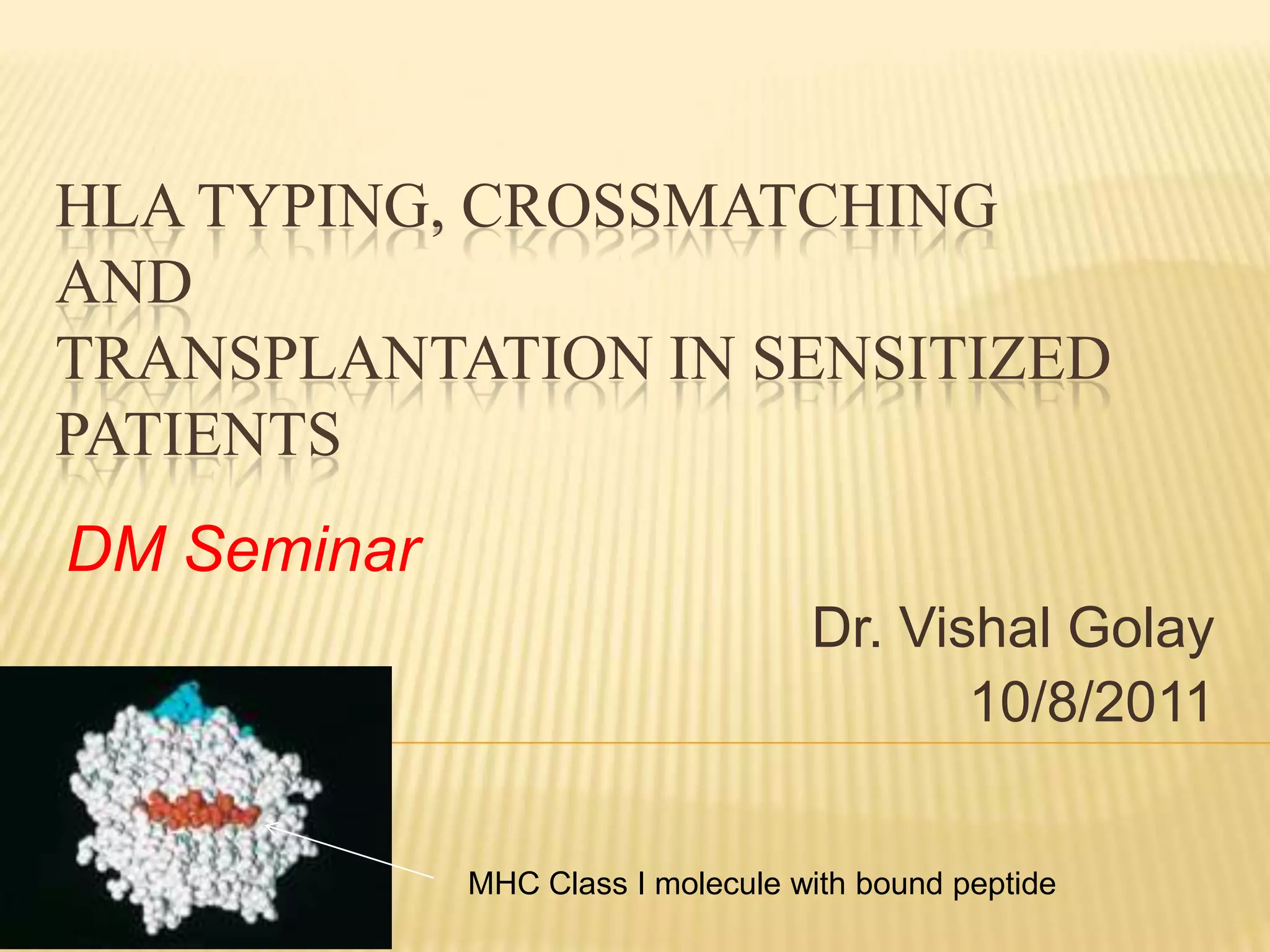 HLA Typing, Crossmatchingand transplantation in sensitized patientsDM SeminarDr. Vishal Golay10/8/2011MHC Class I molecule with bound peptide