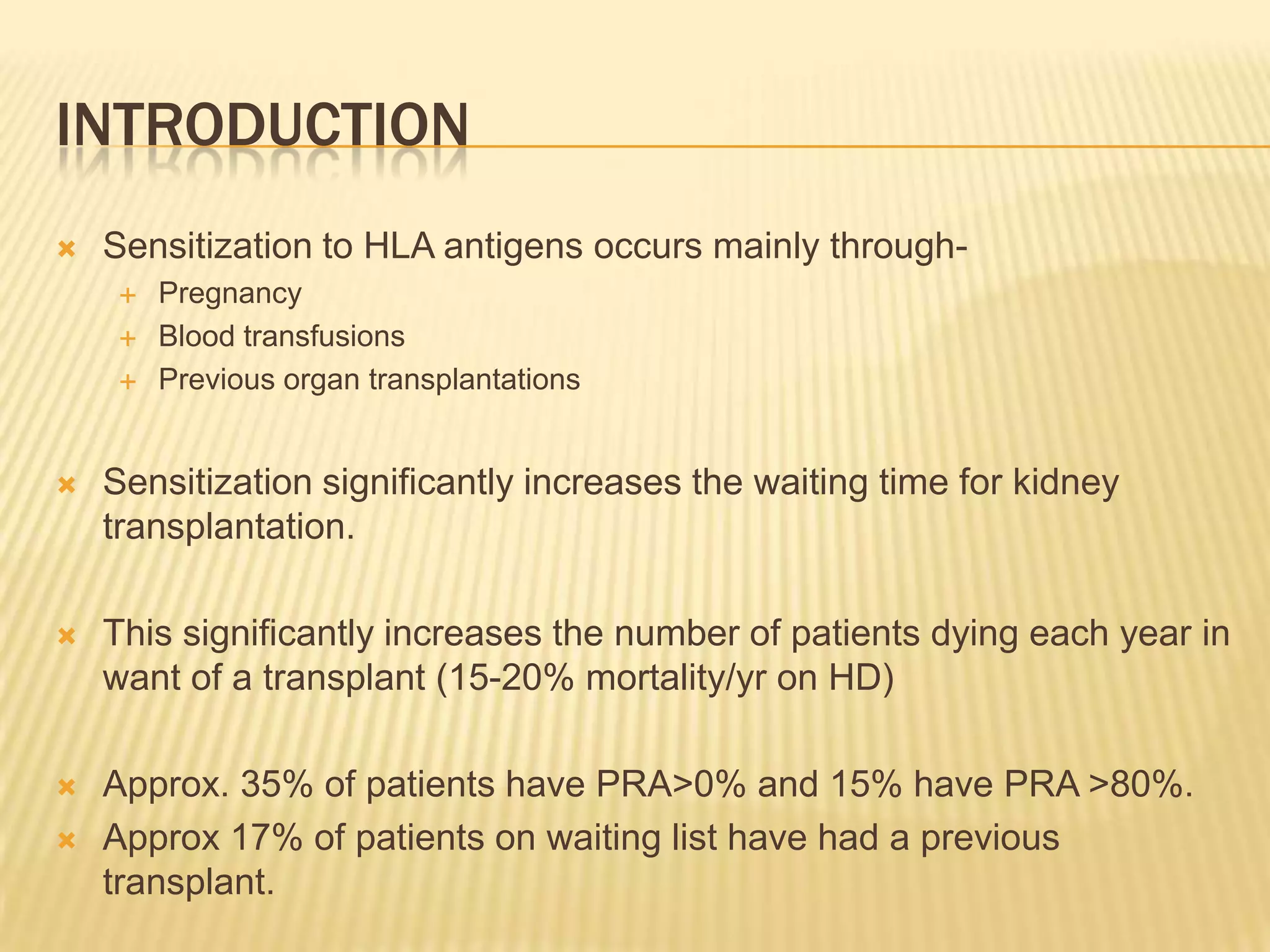 Methods(cross match)Complement Dependent Lymphocytotoxicity (CDC):IgGantibodies directed against HLA class I (on both B and T cells) are the most important.IgM antibody that shows reactivity at 4˚C and removed by heating to 55˚C or treating with dithiotreithol(DTT) can be ignored.Flow Cytometry Cross Match:Patients serum+target cells ->washed and incubated with anti-CD3(monoclonal mouse),  Anti CD-19 and CD-20 antibodies and AHG conjugated with fluorescent dyes .The fluorescence is measured by a flow cytometerand recorded in MCS(median channel shift).