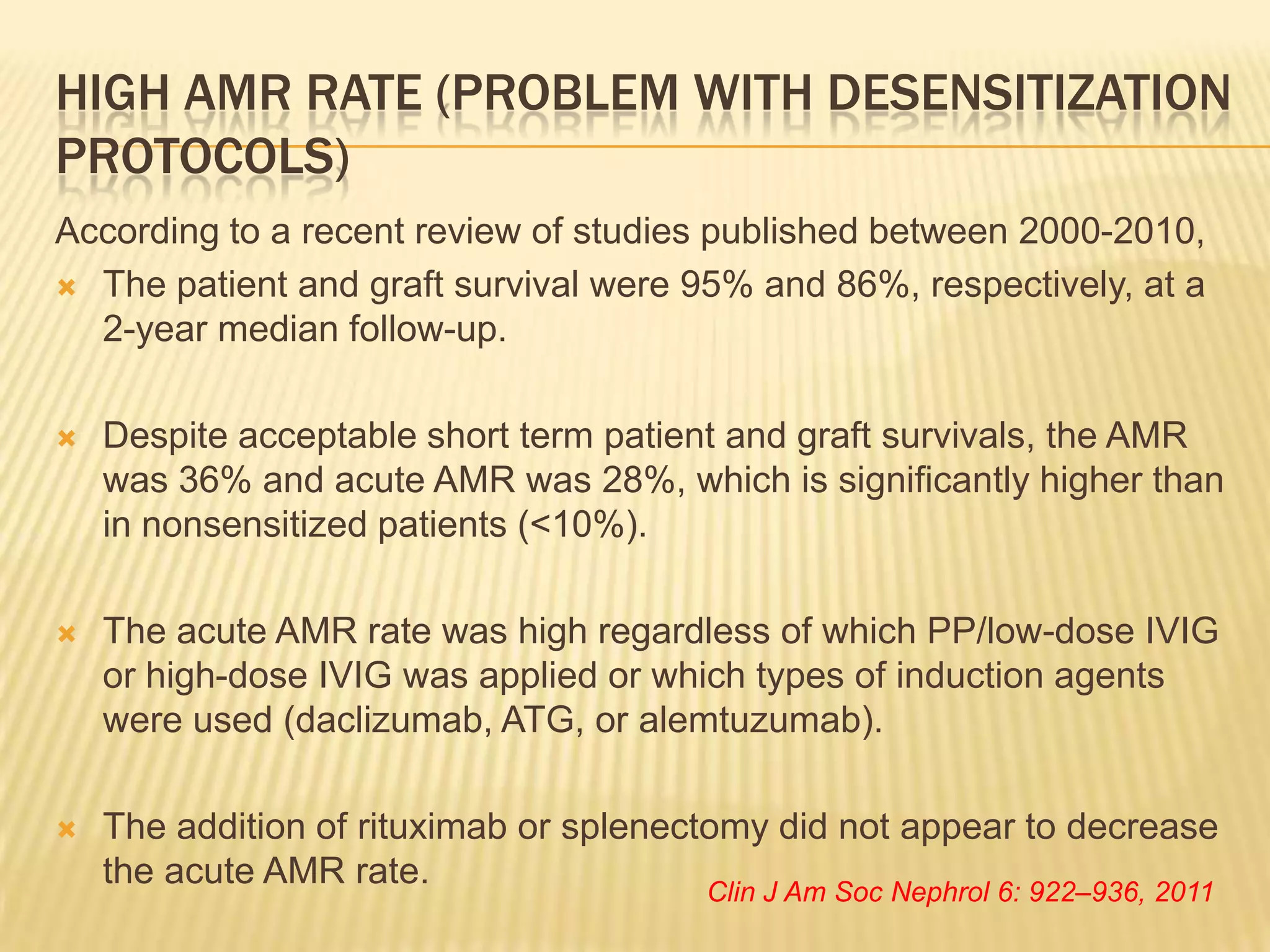 Inhibition of antibody production & complement inhibitorsBased on inhibiting antibody production by B-cells and plasma cells.Rituximab (Anti-CD 20): off label use in desensitization protocol/treatment of AMR as a single dose of 375mg/m².Plasma cells and pro-B cells do not have surface CD-20 decreasing the efficacy.B-cell recovery takes 6-12 months.Bortezomib (Proteasomal Inhibitor):Induces apoptosis of plasma cells.Given in dosage of 1.3 mg/m² and repeated on days 4, 8, and 11 intravenously over 3 to 5 seconds.Eculizumab:It is a monoclonal antibody against C5.Binds to C5 protein with high affinity, thereby inhibiting its cleavage to C5a and C5b and preventing generation of the terminal complement complex C5b-9.