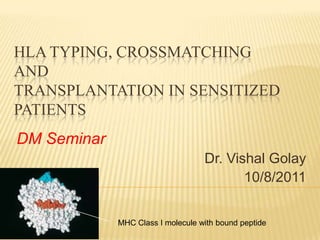 HLA Typing, Crossmatchingand transplantation in sensitized patients DM Seminar Dr. Vishal Golay 10/8/2011 MHC Class I molecule with bound peptide 