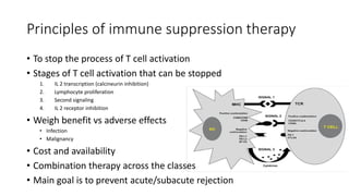 Principles of immune suppression therapy
• To stop the process of T cell activation
• Stages of T cell activation that can be stopped
1. IL 2 transcription (calcineurin inhibition)
2. Lymphocyte proliferation
3. Second signaling
4. IL 2 receptor inhibition
• Weigh benefit vs adverse effects
• Infection
• Malignancy
• Cost and availability
• Combination therapy across the classes
• Main goal is to prevent acute/subacute rejection
 