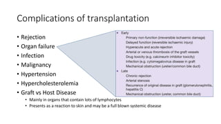 Complications of transplantation
• Rejection
• Organ failure
• Infection
• Malignancy
• Hypertension
• Hypercholesterolemia
• Graft vs Host Disease
• Mainly in organs that contain lots of lymphocytes
• Presents as a reaction to skin and may be a full blown systemic disease
 