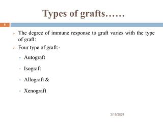 Types of grafts……
 The degree of immune response to graft varies with the type
of graft:
 Four type of graft:-
 Autograft
 Isograft
 Allograft &
 Xenograft
3/18/2024
8
 