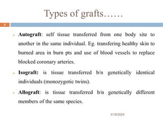 Types of grafts……
 Autograft: self tissue transferred from one body site to
another in the same individual. Eg. transfering healthy skin to
burned area in burn pts and use of blood vessels to replace
blocked coronary arteries.
 Isograft: is tissue transferred b/n genetically identical
individuals (monozygotic twins).
 Allograft: is tissue transferred b/n genetically different
members of the same species.
3/18/2024
9
 