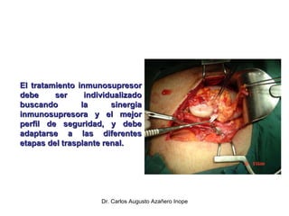 El tratamiento inmunosupresor debe ser individualizado buscando la sinergia inmunosupresora y el mejor perfil de seguridad, y debe adaptarse a las diferentes etapas del trasplante renal. 