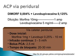 DIMORF 0,004% + Levobupivacaína 0,125% Diluição: Morfina 10mg-----------------1 amp Levobupivacaina 5 mg/ml------2 amp Via cateter peridural: Dose inicial:   Morfina 1mg + Levobupi 0,25% - 10 ml Infusão contínua:  3 - 5 ml/h Bolus PCA:  2,5 ml Tempo de bloqueio:  20-30 min 