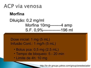 Morfina Diluição: 0,2 mg/ml Morfina 10mg--------4 amp S.F. 0,9%-------------196 ml Dose inicial: 1 mg (5 mL) Infusão Cont.: 1 mg/h (5 mL) Bolus pca: 0,5 mg (2,5 mL) Tempo de bloqueio: 5 - 20 min Limite de 4h: 10 mg 