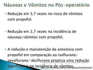 Redução em 3,7 vezes no risco de vômitos com propofol. Redução em 2,7 vezes na incidência de náuseas/vômitos com propofol. A indução e manutenção da anestesia com propofol em comparação ao isoflurano/ sevoflurano/ desflurano propicia uma redução significativa na incidência de vômitos. Sneyd J.R.; Carr A.; Byrom W. D.; Bilski A.J.T.. Eur J of Anaesth 1998; 15(4): 433-445. 