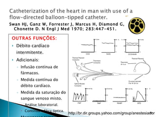 OUTRAS FUNÇÕES: Débito cardíaco intermitente. Adicionais: Infusão contínua de fármacos. Medida contínua do débito cardíaco. Medida da saturação do sangue venoso misto. Análise laboratorial. Contínua – fibra óptica. Marcapasso temporário. Swan HJ, Ganz W, Forrester J, Marcus H, Diamond G, Chonette D. N Engl J Med 1970; 283:447-451.  