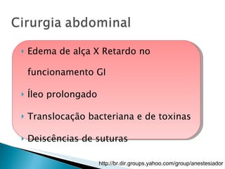 Edema de alça X Retardo no funcionamento GI Íleo prolongado Translocação bacteriana e de toxinas Deiscências de suturas 