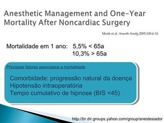 Mortalidade em 1 ano:  5,5% < 65a 10,3% > 65a Principais fatores associados a mortalidade Comorbidade: progressão natural da doença Hipotensão intraoperatória Tempo cumulativo de hipnose (BIS <45)  Monk et al. Anesth Analg 2005;100:4-10. http://br.dir.groups.yahoo.com/group/anestesiador 