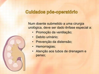 Num doente submetido a uma cirurgia
urológica, deve ser dado ênfase especial a:
• Promoção da ventilação;
• Debito urinário;
• Prevenção da distensão;
• Hemorragias;
• Atenção aos tubos de drenagem e
penso;

 
