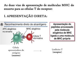 As duas vias de apresentação de moléculas MHC do
enxerto para as células T do receptor:
I. APRESENTAÇÃO DIRETA:
Célula
apresentadora do
antígeno
(enxerto)
Linfócito T
(receptor)
 