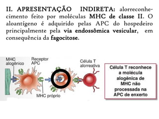 II. APRESENTAÇÃO INDIRETA: alorreconhe-
cimento feito por moléculas MHC de classe II. O
aloantígeno é adquirido pelas APC do hospedeiro
principalmente pela via endossômica vesicular, em
consequência da fagocitose.
 