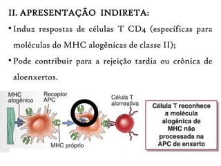 II. APRESENTAÇÃO INDIRETA:
●
Induz respostas de células T CD4 (específicas para
moléculas do MHC alogênicas de classe II);
●
Pode contribuir para a rejeição tardia ou crônica de
aloenxertos.
 