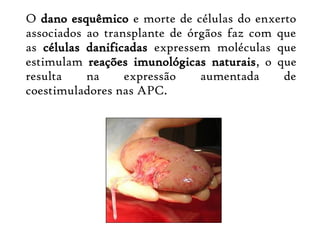 O dano esquêmico e morte de células do enxerto
associados ao transplante de órgãos faz com que
as células danificadas expressem moléculas que
estimulam reações imunológicas naturais, o que
resulta na expressão aumentada de
coestimuladores nas APC.
 