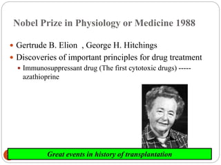 2006-7yearImmunology10
Nobel Prize in Physiology or Medicine 1988
 Gertrude B. Elion , George H. Hitchings
 Discoveries of important principles for drug treatment
 Immunosuppressant drug (The first cytotoxic drugs) -----
azathioprine
Great events in history of transplantation
 