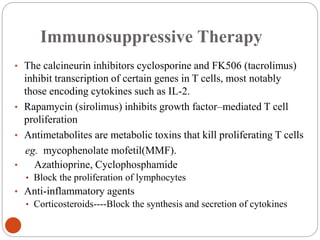 Immunosuppressive Therapy
• The calcineurin inhibitors cyclosporine and FK506 (tacrolimus)
inhibit transcription of certain genes in T cells, most notably
those encoding cytokines such as IL-2.
• Rapamycin (sirolimus) inhibits growth factor–mediated T cell
proliferation
• Antimetabolites are metabolic toxins that kill proliferating T cells
eg. mycophenolate mofetil(MMF).
• Azathioprine, Cyclophosphamide
• Block the proliferation of lymphocytes
• Anti-inflammatory agents
• Corticosteroids----Block the synthesis and secretion of cytokines
 