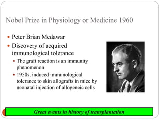 2006-7yearImmunology7
Nobel Prize in Physiology or Medicine 1960
 Peter Brian Medawar
 Discovery of acquired
immunological tolerance
 The graft reaction is an immunity
phenomenon
 1950s, induced immunological
tolerance to skin allografts in mice by
neonatal injection of allogeneic cells
Great events in history of transplantation
 
