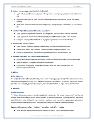 Transplant Unit/ICU Excellence Manual Dr J L Meena
Transplant Unit/ICU Excellence Manual – Dr J L Meena | Page 12
3. Balance Immunosuppression Precisely, Indefinitely
● Apply individualized immunosuppression dosing matched to organ type, rejection risk, and infection
risk.
● Monitor therapeutic drug levels rigorously, adjusting dosing to maintain the narrow therapeutic
window.
● Never allow immunosuppression monitoring to lapse, recognizing this balance must be sustained for
life.
4. Maintain Vigilant Rejection and Infection Surveillance
● Apply systematic rejection surveillance, including biopsy protocols where clinically indicated.
● Apply appropriate opportunistic infection prophylaxis (CMV, PJP, fungal) for every recipient.
● Recognize and respond immediately to any sign of rejection or opportunistic infection.
5. Honour Every Donor's Sacrifice
● Apply rigorous, respectful donor organ evaluation and procurement coordination.
● Provide living donors with complete, compassionate pre- and post-donation care.
● Communicate with donor families honestly and with profound respect for their gift.
6. Maintain Regulatory and Accreditation Compliance
● Comply with national organ transplantation standards and international accreditation guidelines.
● Maintain NABH/JCI transplant documentation standards.
● Participate in accreditation surveys with complete, auditable donor, compatibility, and
immunosuppression records.
3. Vision
Vision Statement
“To build and maintain a Transplant Unit/ICU where every donor organ is preserved within its ischemic window,
every compatibility verification is exact, every immunosuppression balance is precisely maintained, and no
patient is ever harmed by preventable rejection, opportunistic infection, or organ preservation failure.”
4. Mission
Mission Statement
“To deliver safe, precise, evidence-based, and vigilant transplant care that honours every donor's sacrifice and
protects every recipient through the lifelong paradox of immunosuppression, balancing rejection prevention
against infection vulnerability with exact, sustained precision, while maintaining regulatory compliance that
enables the healthcare organization to provide quality transplant care with complete confidence.”
Expected Outcomes of an Excellent Transplant Unit/ICU Practice
● 100% of donor organs preserved within their organ-specific cold ischemia time window.
 