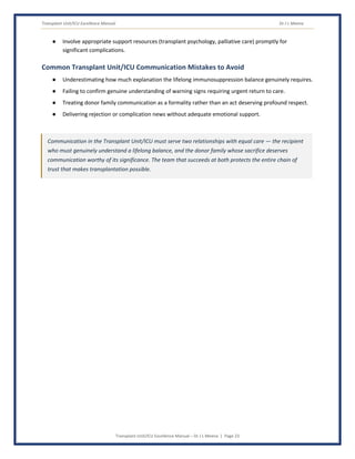 Transplant Unit/ICU Excellence Manual Dr J L Meena
Transplant Unit/ICU Excellence Manual – Dr J L Meena | Page 23
● Involve appropriate support resources (transplant psychology, palliative care) promptly for
significant complications.
Common Transplant Unit/ICU Communication Mistakes to Avoid
● Underestimating how much explanation the lifelong immunosuppression balance genuinely requires.
● Failing to confirm genuine understanding of warning signs requiring urgent return to care.
● Treating donor family communication as a formality rather than an act deserving profound respect.
● Delivering rejection or complication news without adequate emotional support.
Communication in the Transplant Unit/ICU must serve two relationships with equal care — the recipient
who must genuinely understand a lifelong balance, and the donor family whose sacrifice deserves
communication worthy of its significance. The team that succeeds at both protects the entire chain of
trust that makes transplantation possible.
 