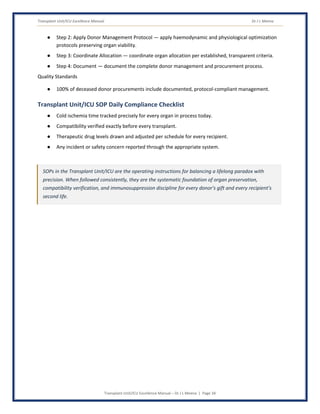 Transplant Unit/ICU Excellence Manual Dr J L Meena
Transplant Unit/ICU Excellence Manual – Dr J L Meena | Page 34
● Step 2: Apply Donor Management Protocol — apply haemodynamic and physiological optimization
protocols preserving organ viability.
● Step 3: Coordinate Allocation — coordinate organ allocation per established, transparent criteria.
● Step 4: Document — document the complete donor management and procurement process.
Quality Standards
● 100% of deceased donor procurements include documented, protocol-compliant management.
Transplant Unit/ICU SOP Daily Compliance Checklist
● Cold ischemia time tracked precisely for every organ in process today.
● Compatibility verified exactly before every transplant.
● Therapeutic drug levels drawn and adjusted per schedule for every recipient.
● Any incident or safety concern reported through the appropriate system.
SOPs in the Transplant Unit/ICU are the operating instructions for balancing a lifelong paradox with
precision. When followed consistently, they are the systematic foundation of organ preservation,
compatibility verification, and immunosuppression discipline for every donor's gift and every recipient's
second life.
 