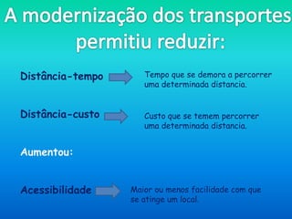 Distância-tempo      Tempo que se demora a percorrer
                     uma determinada distancia.


Distância-custo      Custo que se temem percorrer
                     uma determinada distancia.


Aumentou:


Acessibilidade    Maior ou menos facilidade com que
                  se atinge um local.
 